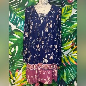 Billabong S Blue Pink Floral Boho Casual Spring Peasant Long Sleeve Mini Dress